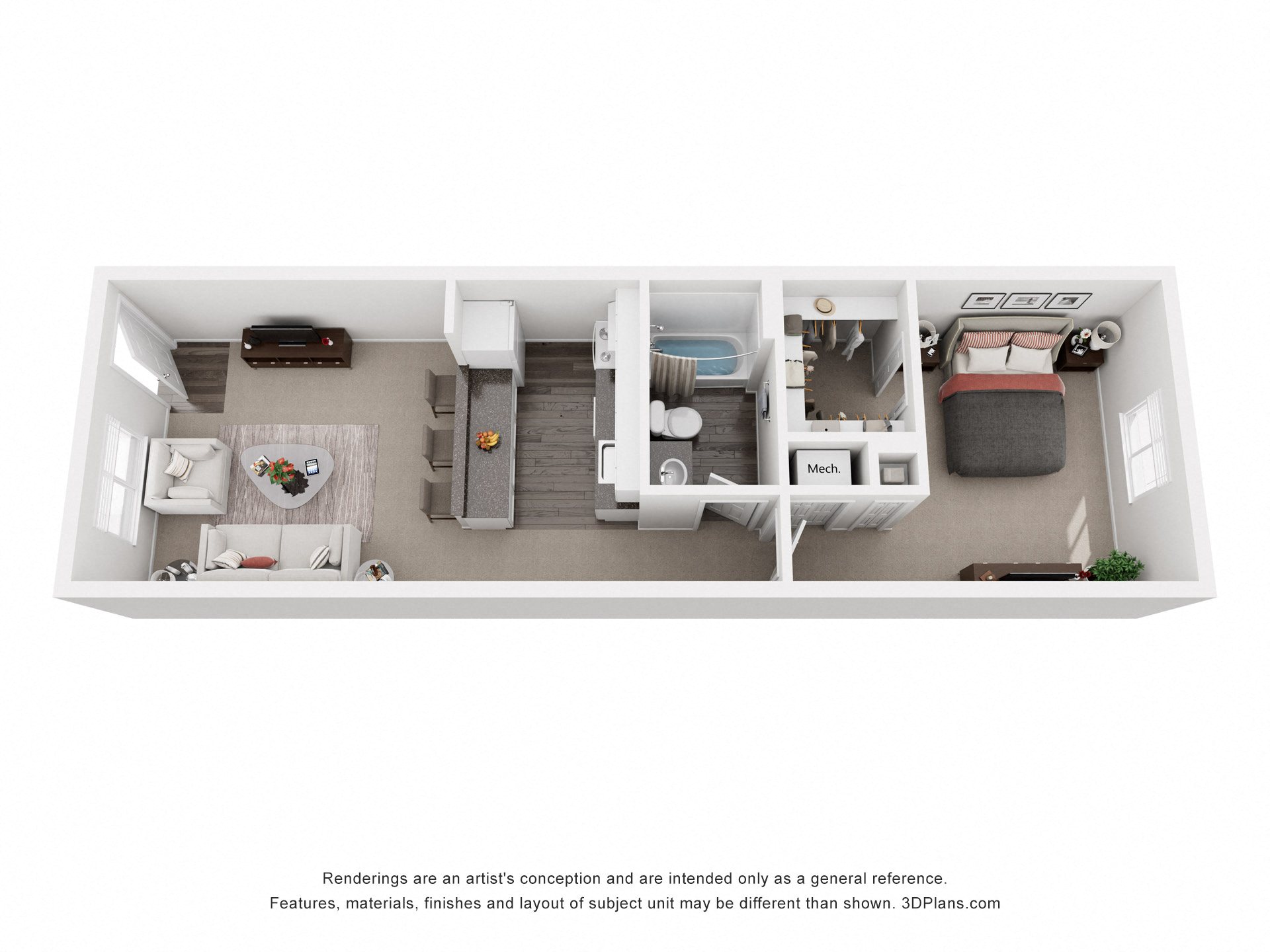 Floor plan for 1 bed, 1 bath, 600 sqft